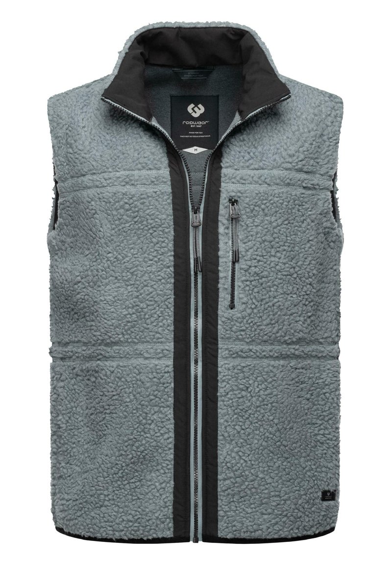 Fleece vest in light gray with a black collar and contrasting black zipper. Features zippered side pockets and textured fabric.