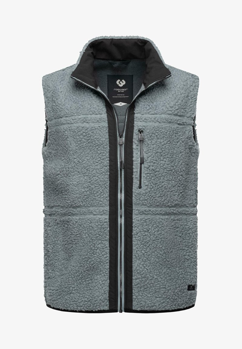 Fleece vest in light gray with a black collar and contrasting black zipper. Features zippered side pockets and textured fabric.