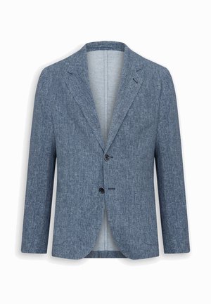 Blazer da uomo sartoriale con motivo a spina di pesce blu, chiusura frontale a due bottoni, rever con tacca e tasche applicate, mostrato su sfondo bianco.