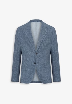 Blazer da uomo sartoriale con motivo a spina di pesce blu, chiusura frontale a due bottoni, rever con tacca e tasche applicate, mostrato su sfondo bianco.