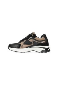 Black and tan sneaker with mesh and leather materials, featuring a textured upper, white midsole, and black outsole. Gold eyelets detail.