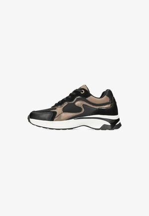 Black and tan sneaker with mesh and leather materials, featuring a textured upper, white midsole, and black outsole. Gold eyelets detail.