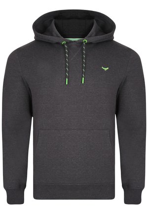 Grijze hoodie met een trekkoordkraag, voorzien van contrasterende groene accenten en een voorkantzak. Zachte textuur en casual design.