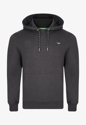 Grijze hoodie met een trekkoordkraag, voorzien van contrasterende groene accenten en een voorkantzak. Zachte textuur en casual design.