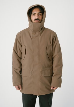 Brown insulated jacket with a high collar, adjustable hood, and two front patch pockets; smooth, water-resistant fabric; relaxed fit.