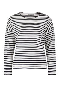 Streifenlangarmshirt in Weiß und Marineblau, aus weichem Stoff gefertigt. Verfügt über einen runden Halsausschnitt und eine lockere Passform mit überschnittenen Schultern.