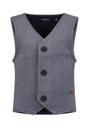 Dziecięca bezrękawnikowa szara kamizelka o fakturze, z dekoltem w serek i trzema ciemnymi guzikami na przodzie.