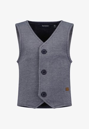 Gilet senza maniche grigio testurizzato per bambini con scollo a V e tre bottoni scuri sul davanti.