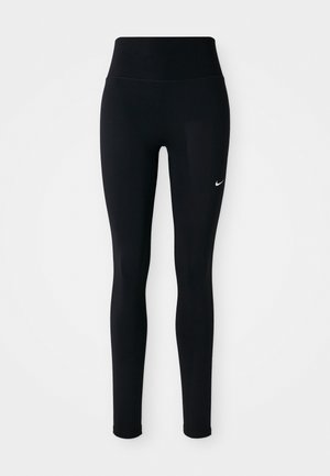Crne uske tajice od rastezljivog materijala, s visokim pojasom i malim bijelim Nike logom na lijevom kuku.