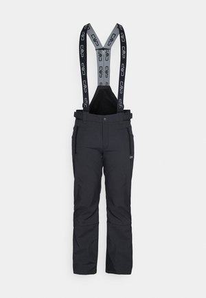 Pantaloni da sci neri con bretelle grigie regolabili e logo. Comprendono passanti per cintura e tasche con zip. Tessuto liscio e resistente.