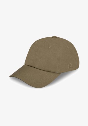 Casquette de baseball en coton vert olive avec une visière courbée, six œillets de ventilation et un petit logo sur le côté. Coutures visibles.