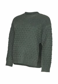 Zielony sweter dziany w diamentowy wzór, z prążkowanym okrągłym dekoltem i długimi rękawami. Posiada boczne rozcięcia i fakturowane wykończenie.