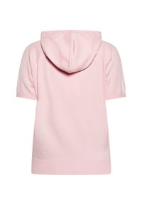 Korte mouwen roze hoodie met een zachte textuur, voorzien van een capuchon en een geribbelde zoom. Eenvoudig ontwerp zonder zichtbare patronen of hardwaredetails.