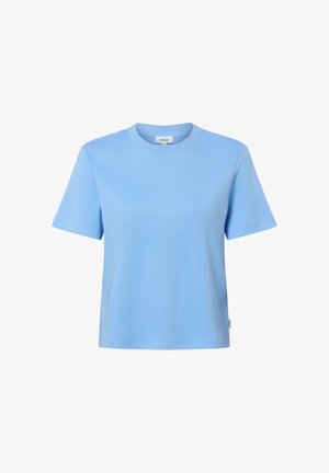 Jasnoniebieska koszulka z krótkim rękawem i okrągłym dekoltem, z prostym dołem, pokazana na białym tle.