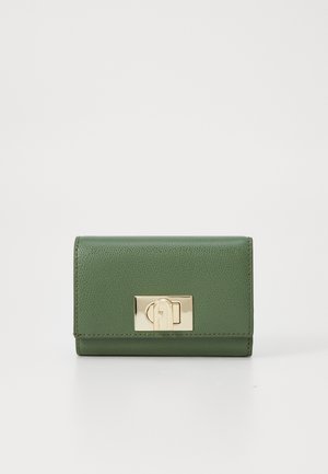 Green textured leather wallet with gold hardware, featuring a rectangular shape and a clasp closure. Subtle stitching detail enhances design.