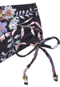 Schwarze Blumen-Badehose mit rosa und lila Akzenten. Hat geraffte Seiten und einen Bindebandverschluss mit goldenen Perlenverzierungen.