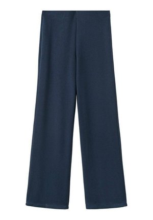 Marineblauwe, wijd uitlopende broek van een gladde stof, met een strak ontwerp, een comfortabele tailleband en zonder zichtbare accenten of patronen.