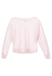 Pull en maille rose clair, ample, avec un large col bateau et des manches longues ; il présente des poignets et un ourlet côtelés avec un motif texturé.
