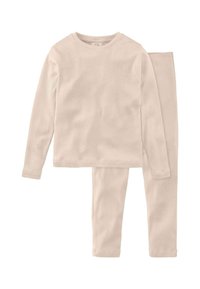 Hellbeiges Langarmshirt und passende Leggings aus weichem Stoff mit glatter Textur und einfachem Design, ohne Muster oder Akzente.