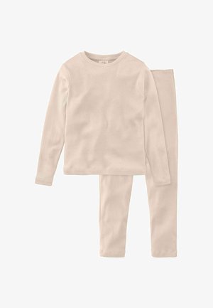 Hellbeiges Langarmshirt und passende Leggings aus weichem Stoff mit glatter Textur und einfachem Design, ohne Muster oder Akzente.