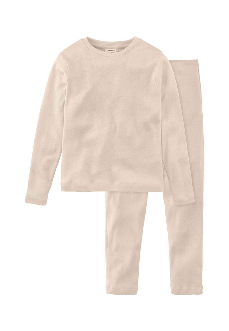 Hellbeiges Langarmshirt und passende Leggings aus weichem Stoff mit glatter Textur und einfachem Design, ohne Muster oder Akzente.