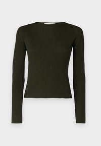 Pull à manches longues en maille côtelée vert foncé avec un col rond, une coupe ajustée et une texture lisse. Design simple et minimaliste.