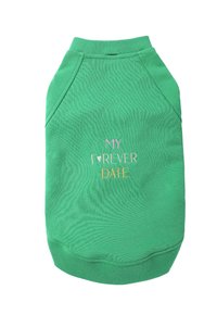 Groene huisdier sweatshirt gemaakt van zacht stof, met roze en gouden borduursel dat "MIJN F❤️REVER DATE" zegt. Ronde hals en strakke pasvorm.
