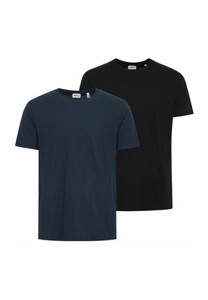Two plain short-sleeve crew neck t-shirts, one navy blue in front and one black behind, displayed on a white background.