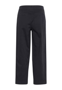 Pantalons en coton bleu marine foncé au design à jambe droite, avec une taille haute et deux poches arrière. Texture lisse avec des détails de couture soignés.