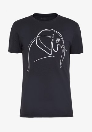 Black cotton t-shirt featuring a white line drawing of an elephant on the front. Classic crew neck and short sleeves. Smooth texture.
