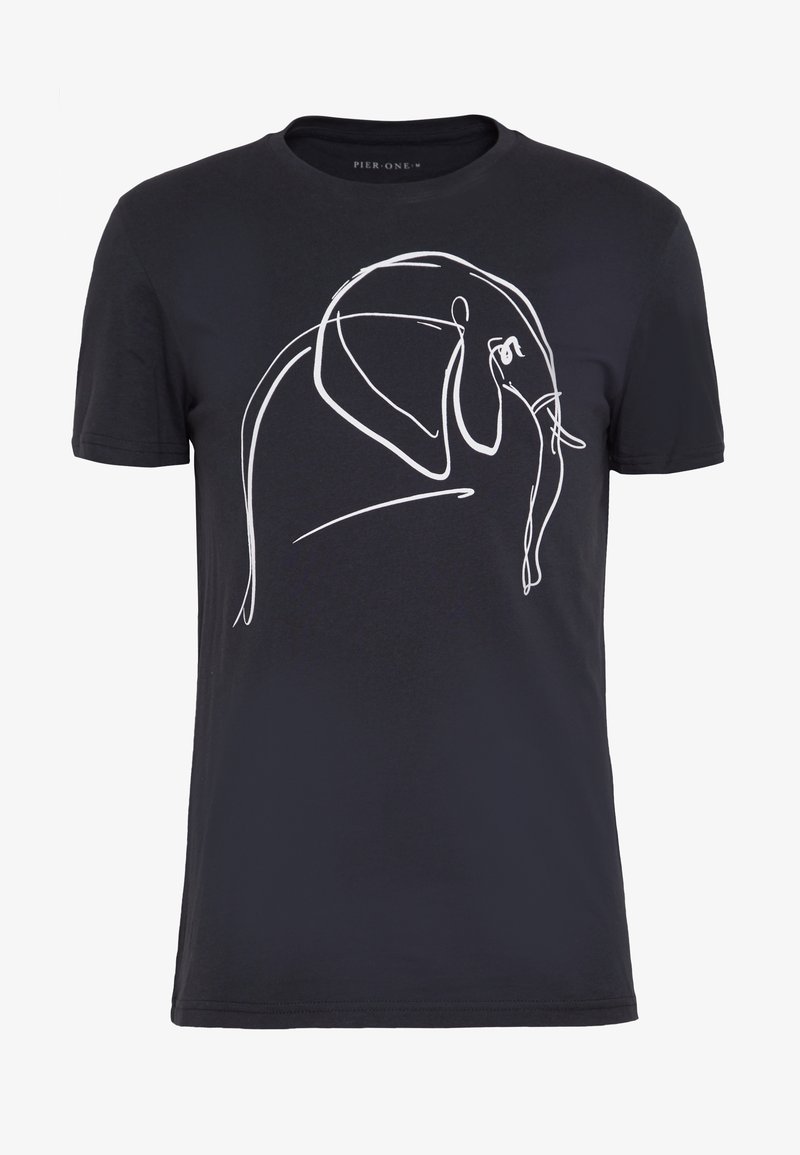 Sort bomulds t-shirt med en hvid stregtegning af en elefant på forsiden. Klassisk rund hals og korte ærmer. Glat tekstur.