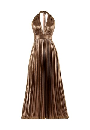 Abito halter in bronzo metallico con scollatura a V profonda e gonna lunga plissettata.
