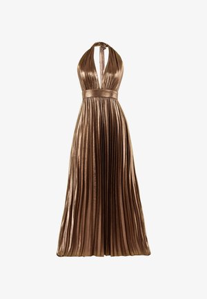 Abito halter in bronzo metallico con scollatura a V profonda e gonna lunga plissettata.
