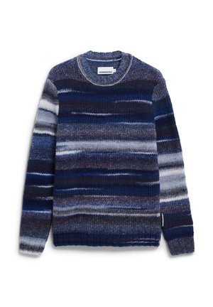 Gebreide trui met horizontale strepen in blauw, marineblauw en grijstinten. Ronde halslijn en geribbelde boorden en zoom. Zachte textuur, casual design.