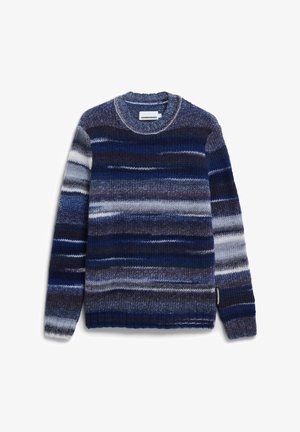 Gebreide trui met horizontale strepen in blauw, marineblauw en grijstinten. Ronde halslijn en geribbelde boorden en zoom. Zachte textuur, casual design.