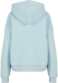 Ljusblå hoodie med avslappnad passform, långa ärmar och ribbat nederkant och ärmslut. Har en mjuk, slät textur och en stor huva.
