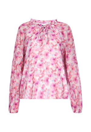 Bloes met lange mouwen en een ronde halslijn. Gemaakt van lichte stof met een roze en paarse aquarelprint.
