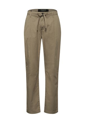 Beige herre casual bukser med bæltestropper, frontknap, lynlås og snøredetalje i taljen.