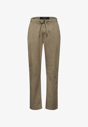 Pantalon beige décontracté pour homme avec passants de ceinture, bouton à l'avant, braguette zippée et taille à cordon de serrage.