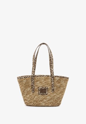 Geflochtener Strohtote in Beige mit Trägern aus Leopardenmusterstoff. Verfügt über ein quadratisches Logopatch in der Mitte. Großzügige und strukturierte Form.
