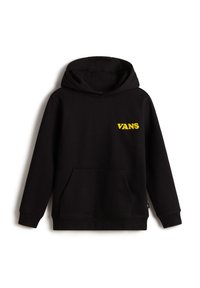 Felpa nera in cotone misto, con tasca frontale e cappuccio regolabile con lacci. Logo "VANS" in giallo ricamato sul petto.
