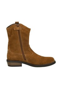 Brown suede ankle boots with a side zipper, angled shaft, and a low stacked heel. Features subtle stitching and a smooth texture.