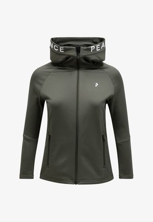 Oliven grøn zip-up hoodie med høj krave, med 'PEACE' i hvid på hætten og to sidelommer. Glat, strækbart stof.