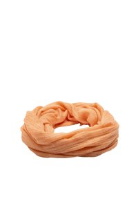 Pomarańczowy szalik w kształcie nieskończoności wykonany z lekkiego, strukturalnego materiału o miękkim wykończeniu. Design w formie pętli umożliwia różnorodne opcje stylizacji.