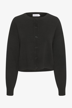 Fekete, rövidített kardigán, puha anyagból készült, kerek nyakkal, hosszú ujjakkal és elöl gombos záródással, hat gombbal.