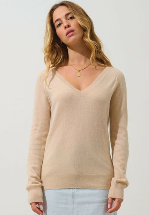 Maglione beige a scollo a V realizzato in tessuto morbido, con maniche lunghe e orlo a coste. Texture liscia con una vestibilità comoda e dettagli minimi.