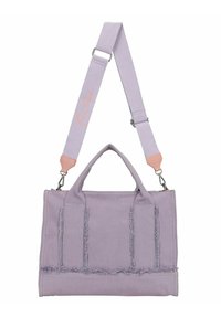 Borsa a spalla in tela viola con bordi sfrangiati, doppi manici e tracolla regolabile. Presenta dettagli rosa e un logo riflettente sulla tracolla.