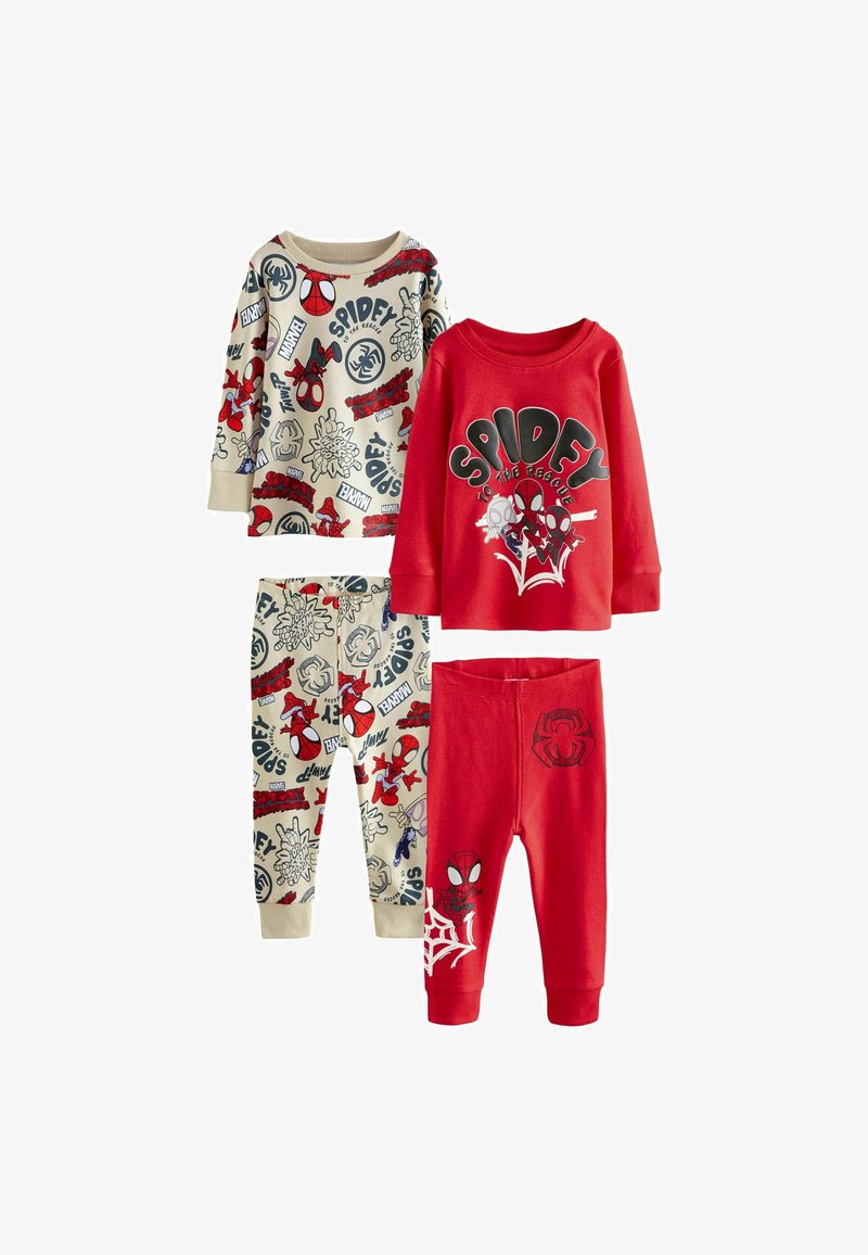 Due set di pigiami per bambini: uno beige con grafiche di Spiderman, l'altro rosso con testo nero audace e design di ragnatela.