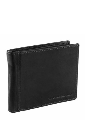Schwarze Lederbrieftasche mit minimalistischem Design. Verfügt über einen kontrastierenden Stick und ein geprägtes Logo. Schlanker Profile und glatte Textur.