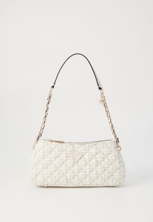 Gesteppte cremefarbene Handtasche mit silberfarbener Logo-Plakette, Ketten- und Lederriemen, Reißverschluss und strukturierter Oberfläche mit Pailletten.